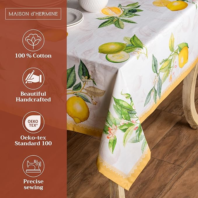 Maison d' Hermine Table Cloth Rectangle Table 100% Cotton 60 x 120 Inches Tablecloth Reusable Decorative for Dining Room, Farmhouse, Home, Party, Festive & Wedding Spring Summer - Limoncello