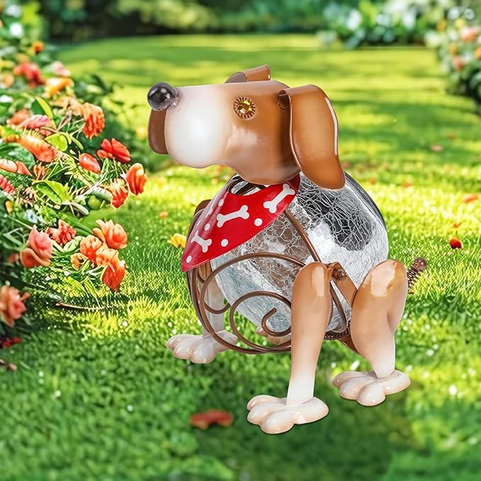 MUMTOP Solar Lanterns Outdoor Waterproof LED Crackle Glass Globe Solar Lights Decorative Dog Tabletop Lantern Metal Yard Art for Patio Garden Table Decor