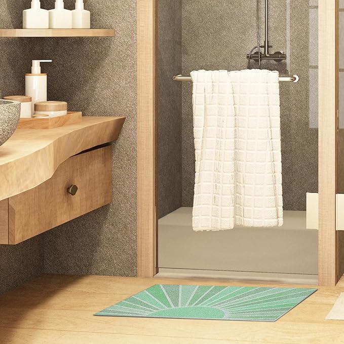 Nogrit Boho Door Mat, Retro Boho Sage Green Sun Sunshine Doormat Bathmat for Indoor Outdoor Entrance, Mid Century Modern Abstract Welcome Mats for Front Door Outside Porch Entryway, 17x30 Inches