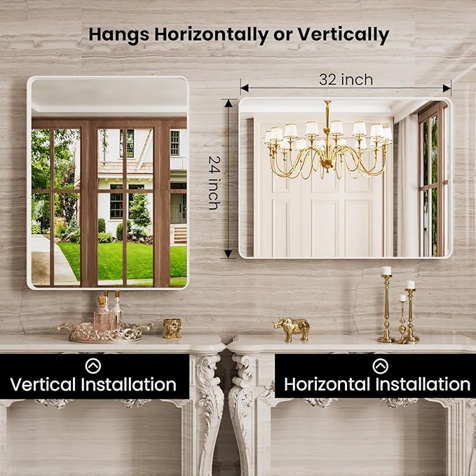 White Bathroom Mirror 24x32 Inch, White Metal Framed Bathroom Mirror for Wall, Rounded Rectangle Matte Bathroom Vanity Mirror, Tempered Glass, Anti-Rust, Horizontal/Vertical