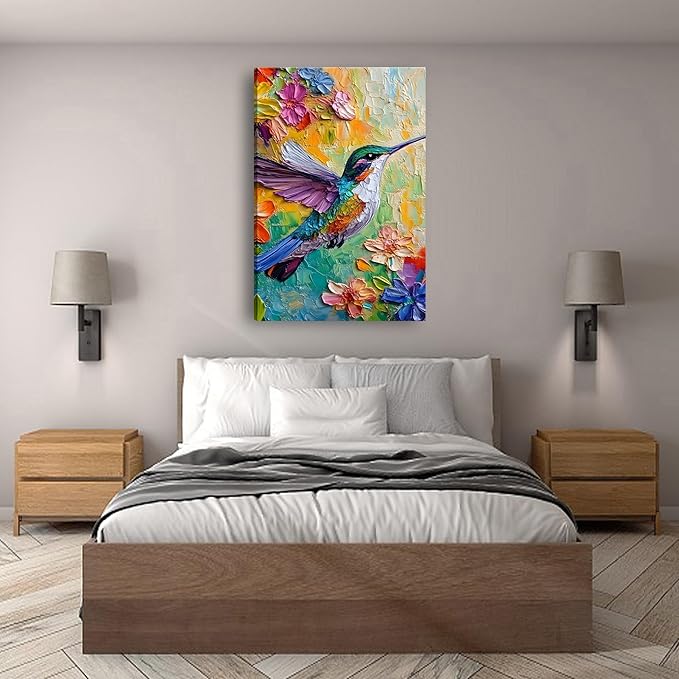 2D No Texture Colorful Painting Hummingbird Canvas Wall Art, Spring Flower Wall Decor, Humming Bird Picture for Wall Living Room Bathroom Bedroom Home Decoration 16*24 in (Stretched Canvas on A Wooden Frame)
