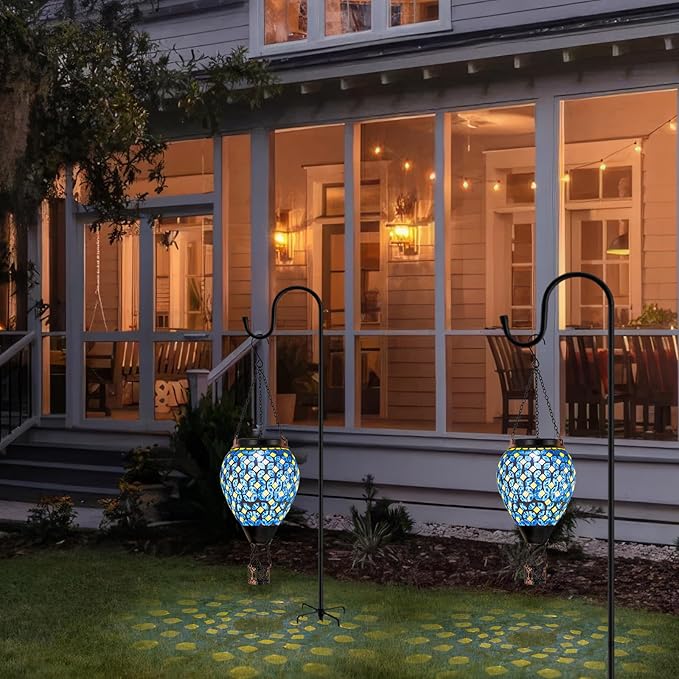 Mosaic Hot Air Balloon Solar Lantern with Flickering Flame, Blue Mosaic Hanging Solar Lantern Lights Outdoor Waterproof for Garden Patio Gifts for Women Mom Grandma