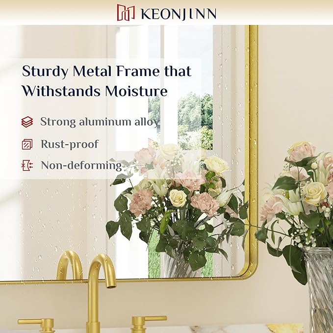 Keonjinn Gold Bathroom Mirrors for Over Sink, 24” x 30” Rounded Rectangle Brushed Gold Vanity Mirror, Anti-Rust Brass Mirror with HD Tempered Glass, Decorative Farmhouse Mirrors, Horizontal/Vertical