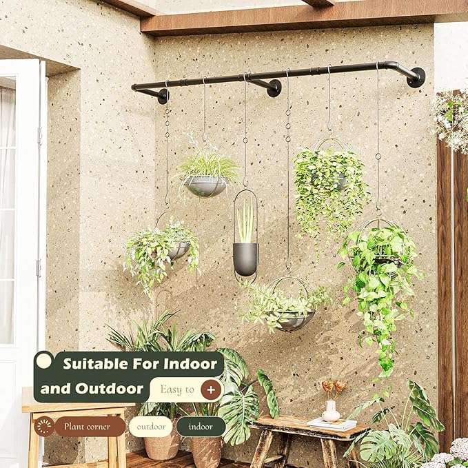 Plant Hanger Indoor with 6 Hanging Chains Hanging Planters for Indoor Plants Hanging Plant Holder Window Plant Rod Black Metal Shelves(73 Inch Pot not Included