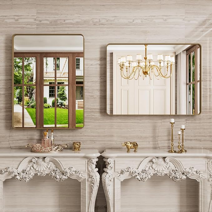 Bronze Bathroom Mirror 24x32 Inch, Brushed Bronze Metal Frame Mirror for Wall, Rounded Rectangle Bathroom Vanity Mirror with Tempered Glass, Anti-Rust, Horizontal/Vertical