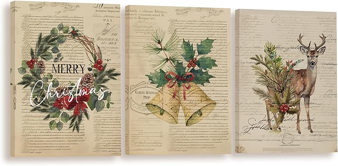 BIWSHA Christmas Wall Art Prints,Winter Retro Wall Posters Aesthetic Wall Art Set of 3,Reindeer Merry Christmas Decor Wall Prints for Living Room Bedroom Porch,11×14 Inch