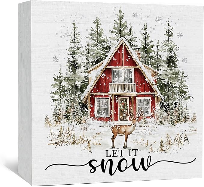 Let It Snow Sign, Winter Christmas Wooden Box Sign, Farmhouse Christmas Decorations, Farmhouse Winter Reindeer Wood Signs For Home Office Desk Table Shelf Decor, 6x6 Inch