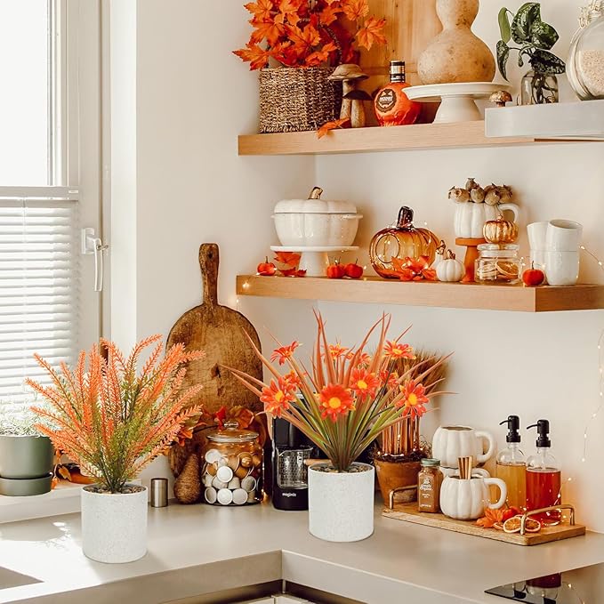 4 Pcs Small Potted Artificial Plants 10inch Fake Fall Plants in Pots Mini Faux Fall Flowers with Pots for Indoor Home Bathroom Bedroom Office Shelf Tabletop Fall Decor