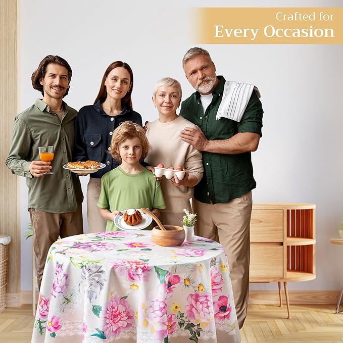 Maison d' Hermine Table Cloth Round Table 100% Cotton 63 Inches Tablecloth Reusable Decorative Everyday Use for Dining Room, Farmhouse, Home, Party, Festive & Wedding Spring Summer - Pivoine