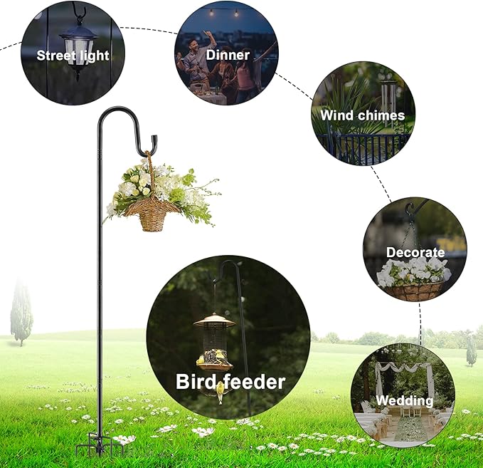 Bird Feeder Pole, 62 Inch & 5/8 Inch Diameter Stainless Steel Heavy Duty Shepherds Hooks for Outdoor to Hang Outdoor Lights with 5 Prongs Base, Rustproof for Garden Decor or Wedding Decors(Black)