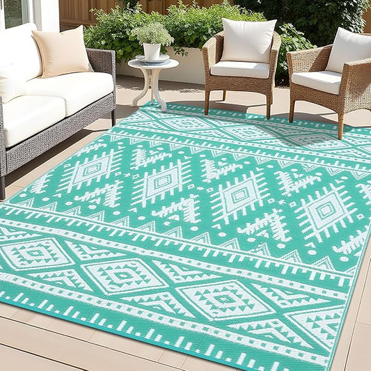OLANLY Outdoor Rug Waterproof 8x10 ft, Reversible Outdoor Plastic Straw Rug, Boho Patio Rug, Indoor Outdoor Carpet, RV Mat Outside for Patio, Camp, Picnic, Balcony, Deck, Backyard, Turquoise & White