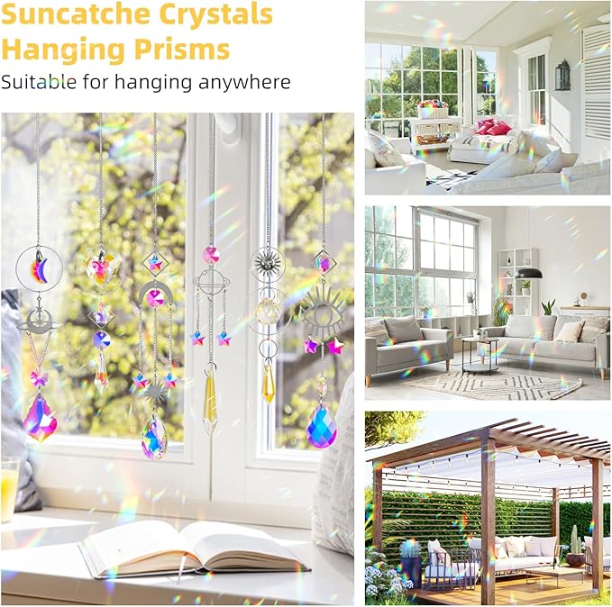 Sun Catchers 6Pieces Colorful Crystals Suncatcher with Chain Pendant Ornaments Hanging Crystals Prism Rainbow for Window Home Indoor Outdoor Car Mirror Garden Christmas Day Party Wedding Decoration