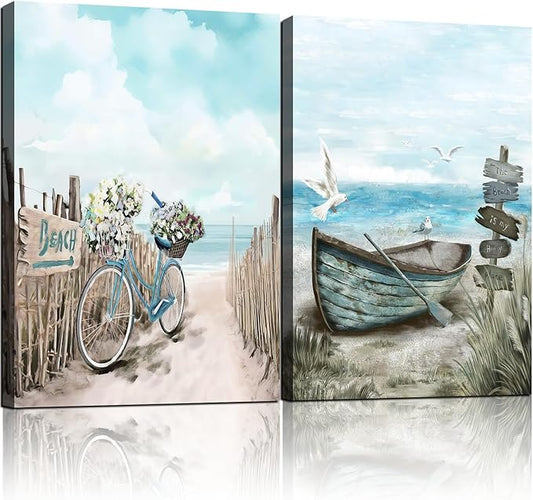 Coast Beach Bicycle Boat Sailing 2pcs Framed Fun Wall Art Decor Canvas Print Poster Gallery Picture Artwork Bathroom Living Room Bedroom Decor 16x24 inches Ready to Hang