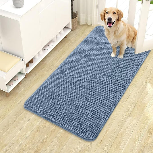 OLANLY Dog Door Mat for Muddy Paws 40x24, Absorbs Moisture and Dirt, Absorbent Non-Slip Washable Doormat, Quick Dry Chenille Mud Mat for Dogs, Entry Indoor Entryway Carpet for Inside Floor, Airy Blue