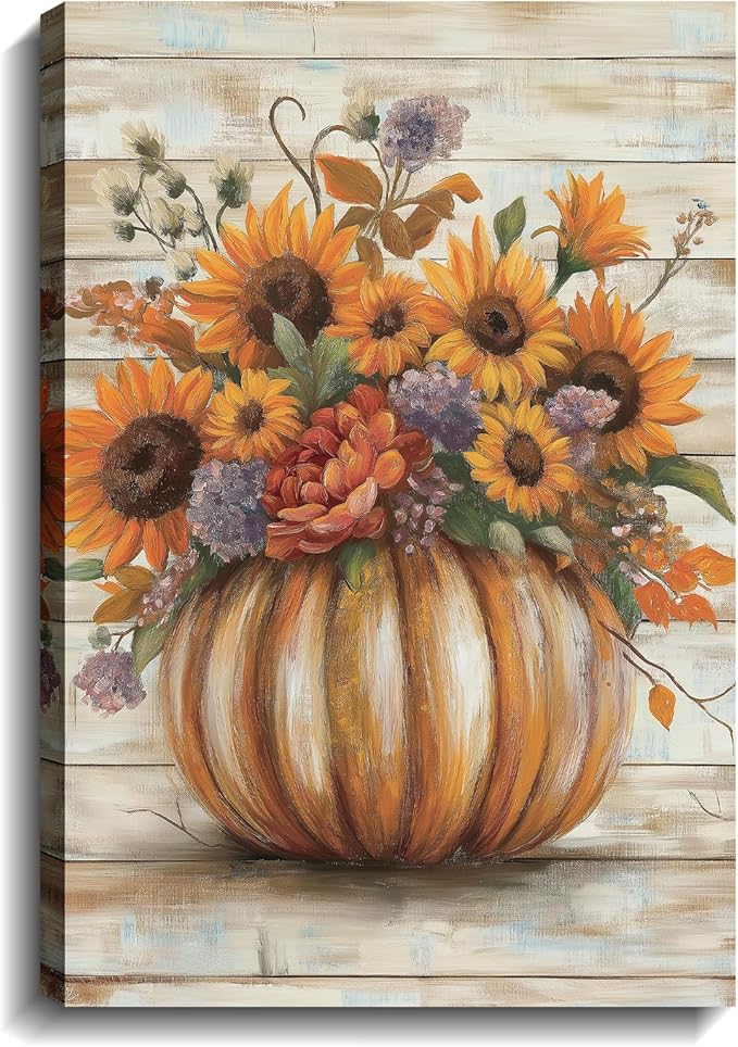 Pumpkin Wall Art Halloween Themed Canvas Wall Decor Sunflower Pictures Farmhouse Autumn Harvest Posters for Kitchen Bathroom Living Room Home Decor Frame - 28"x42"