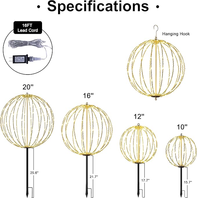 Lightshare 16IN 128LED Light Ball Yard Decoration Pathway Lights Sphere Light with Fold Flat Metal Frame Indoor Outdoor Waterproof Garden Lights, Plug in