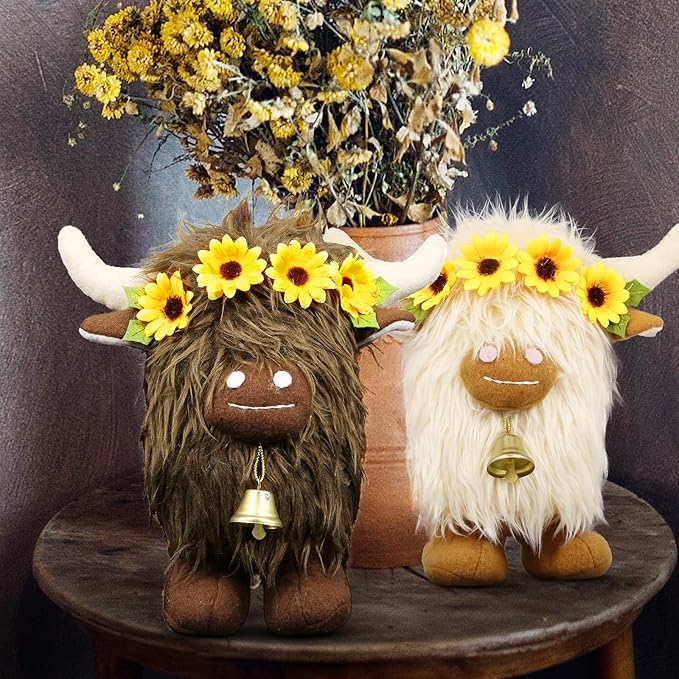 Lovinland Highland Cow Decor - Spring Scottish Cow Plush Gnomes Decorations for Home - Stuffed Animal Plush Gnomes Doll