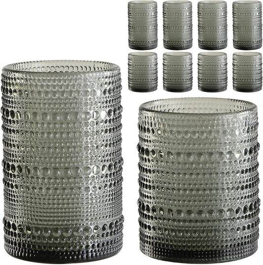 Vintage Hobnail Drinking Glasses Set of 8,Grey 12 oz & 15oz Highball Glass Cups, Kitchen Drinkware Glassware,Embossed Water Tumbler,for Beer,Cocktail,Whiskey,Juice and Various Mixed Drinks