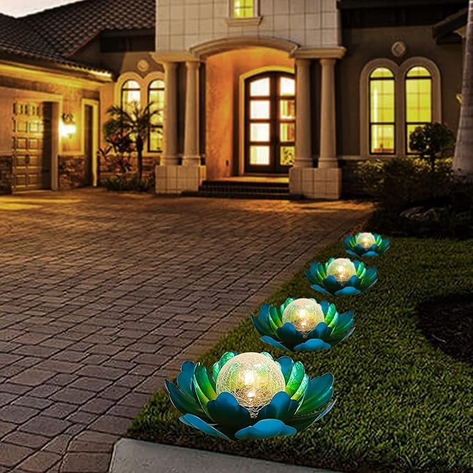 WNP Solar Powered Outdoor Decorative Lights Waterproof Lotus Flower with Crackle Glass Globe and Metal Base for Garden Patio Pathway Yard Tabletop Decor,Birthday Gift for Mom Sister Grandma