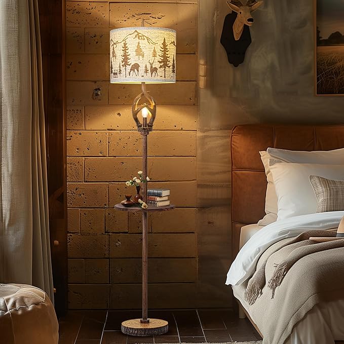 Vintage Deer Antlers Floor Lamps For Living Room with Night Light, Rustic Tall Lamp Decor For Bedroom with Metal Tray. Farmhouse Standing Lamp For Home Office Study Restaurant (Bulb Included)