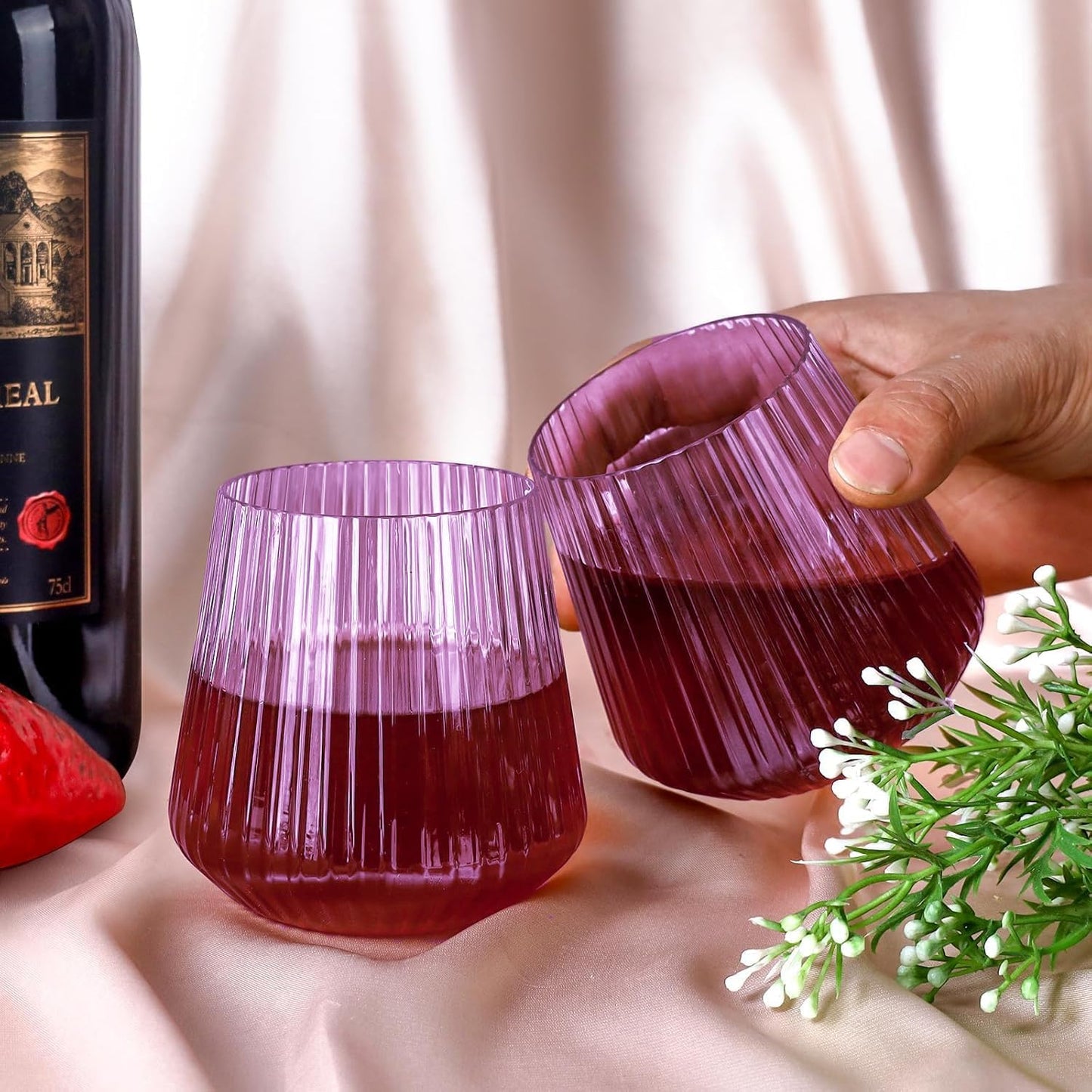 40 Pack Plastic Ribbed Wine Glasses, 14Oz Origami Disposable Wine Glasses Unbreakable Clear Plastic Cocktail Glasses Recyclable Shatterproof Reusable Wine Cups (14oz-purple-40pack)
