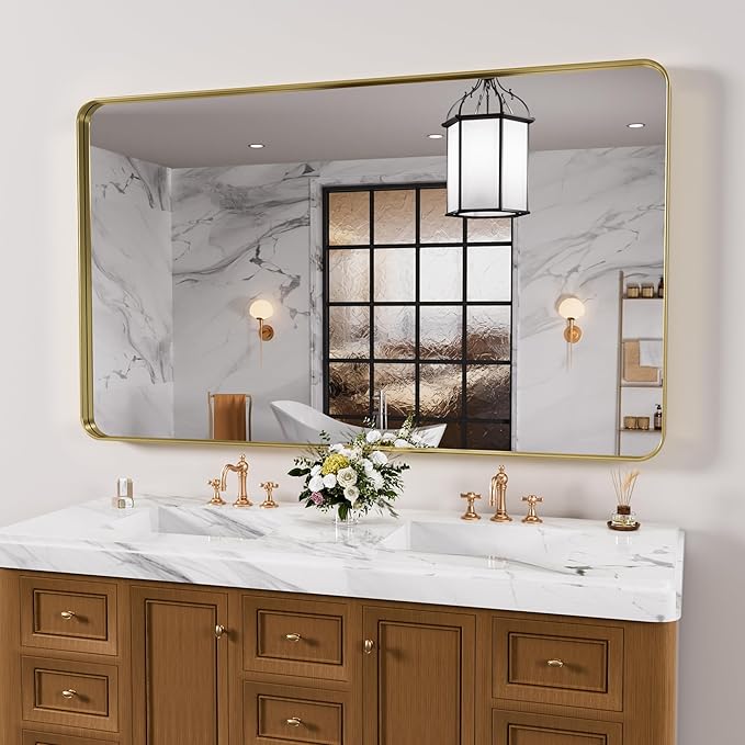 Gold Bathroom Mirror, 55x36 Inch Brushed Gold Metal Frame Mirror for Wall, Rounded Rectangle Bathroom Vanity Mirror, Tempered Glass, Anti-Rust, Horizontal/Vertical