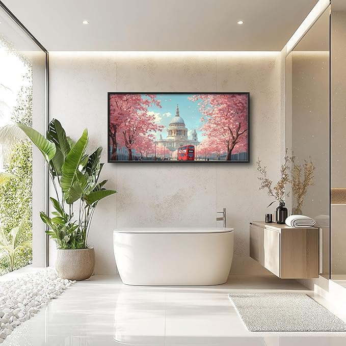 England London Paul’s Cathedral Large Wall Art Cityscape Cherry Blossom Pictures Wall Decor Street Scene Canvas Spring Print Painting Modern Artwork Home Decoration for Living Room Bathroom Bedroom Office Framed 60"x30"