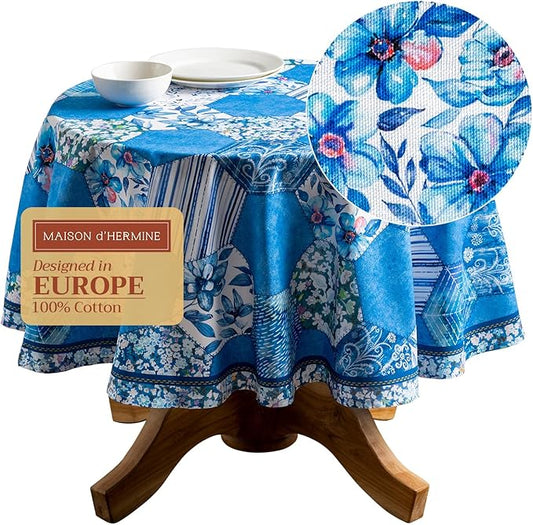Maison d' Hermine Table Cloth Round Table 100% Cotton 63 Inches Tablecloth Reusable Decorative Everyday Use for Dining Room, Farmhouse, Home, Party, Festive & Wedding Spring Summer - Summer Blues