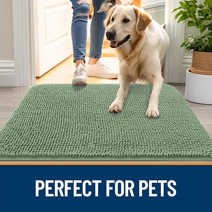 OLANLY Dog Door Mat for Muddy Paws 30x20, Absorbs Moisture and Dirt, Absorbent Non-Slip Washable Doormat, Quick Dry Chenille Mud Mat, Entry Indoor Entryway Carpet for Inside Floor, Olive Green