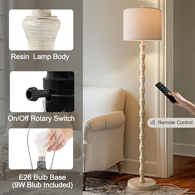 BOBOMOMO 62" Rustic Farmhouse Floor Lamp Antique White with Remote & Dimmable 9W Bulb, 3 Color Temperatures Resin Standing Lamp, Retro Tall Lamp for Living Room, Bedroom, Nursery, Office, Reading Nook