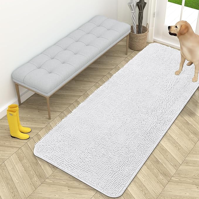 OLANLY Dog Door Mat for Muddy Paws 59x24, Absorbs Moisture and Dirt, Absorbent Non-Slip Washable Doormat, Quick Dry Chenille Mud Mat for Dogs, Entry Indoor Entryway Carpet for Inside Floor, White