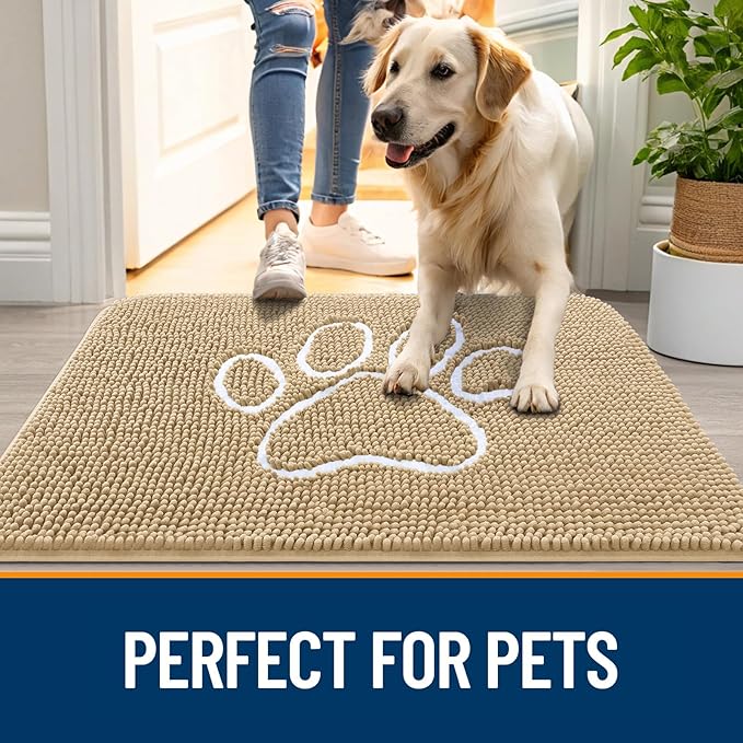OLANLY Dog Door Mat for Muddy Paws 47x32, Paw Print Design, Absorbs Moisture and Dirt, Absorbent Non-Slip Washable Doormat, Quick Dry Chenille Mud Mat for Dogs, Entry Indoor Entryway Carpet, Beige