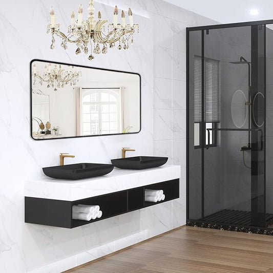 Wall Mount Mirror for Bathroom, Brushed Black Metal Framed Large Rounded Corner Rectangular Vanity Mirror, Tempered Glass (30" x 55", Black)