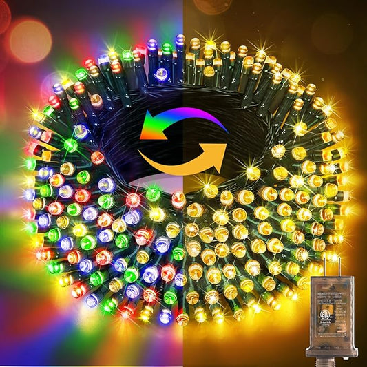 Hezbjiti 108 FT 300 LED Color Changing Christmas Lights Outdoor, 11 Modes String Lights IP44 Waterproof Fairy Lights for Party Tree Yard Porch Wedding (Warm White to Multicolor, Green Wire)