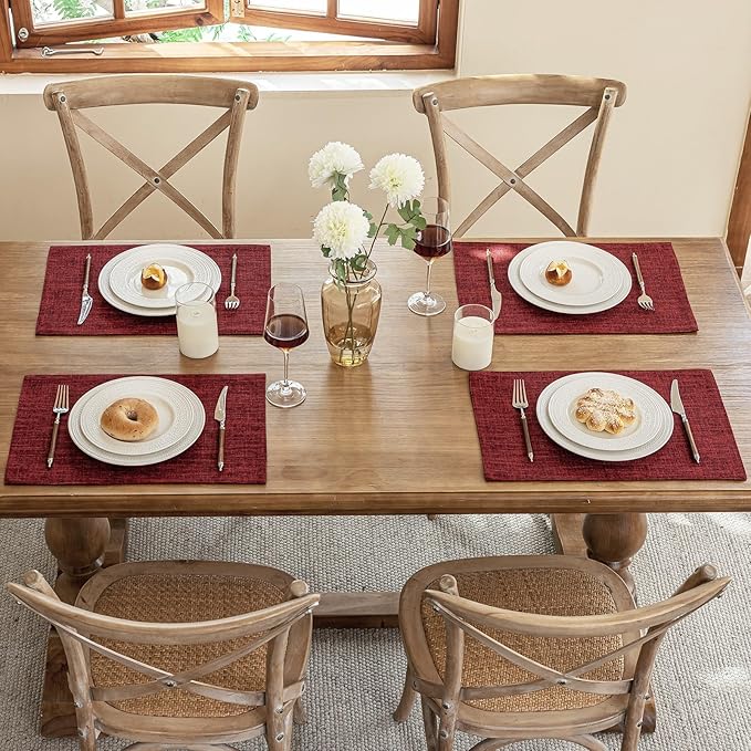 Blue Forest Placemats Set of 6, Dual-Layered Thickened Faux Linen Cloth Place Mats Heat Resistant Machine Washable Wrinkle Free Table Mats Indoor/Outdoor (Red)