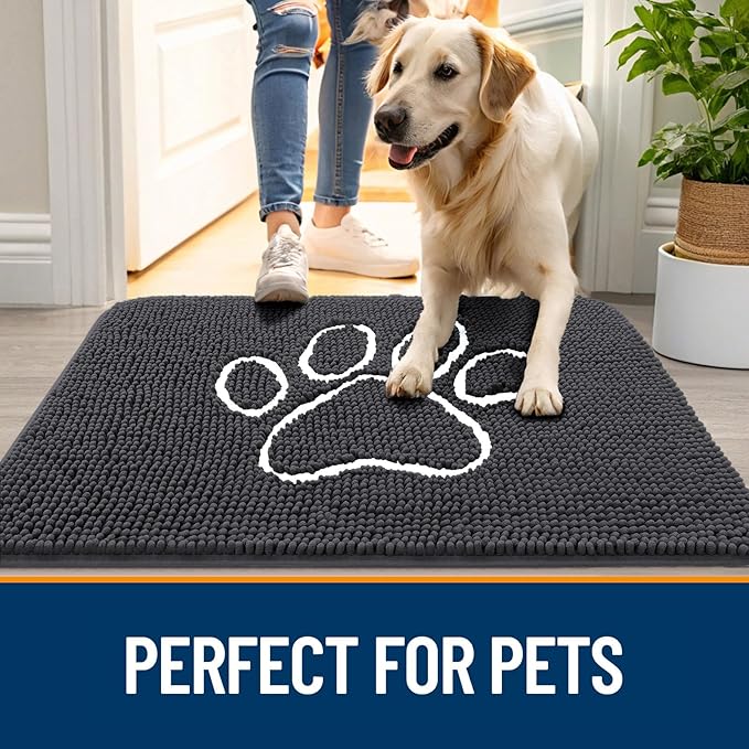 OLANLY Dog Door Mat for Muddy Paws 70x46, Paw Print Design, Absorbs Moisture and Dirt, Absorbent Non-Slip Washable Doormat, Quick Dry Chenille Mud Mat for Dogs, Entry Indoor Entryway Carpet, Dark Grey