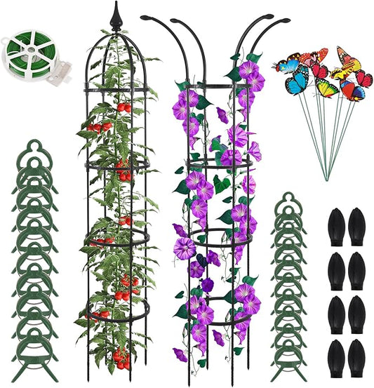 Obelisk Trellis for Climbing Plants Outdoor 6.6ft, Garden Tower Trellis for Potted Plants Indoor with Twist Tie, Clips and Butterflies Rustproof Coated Metal Support for Vines Rose 2Pack