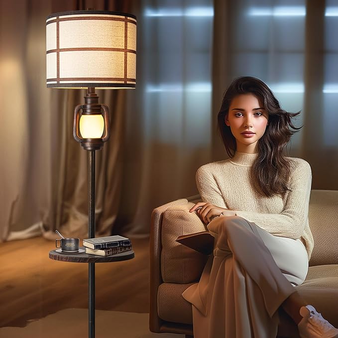 Rustic Farmhouse Metal Tray Floor Lamp For Living Room With Nightlight Vintage Tall Lamp With Linen Fabric Shade Industrial Standing Lamp For Bedroom Office Home House Study (Bulb Included)