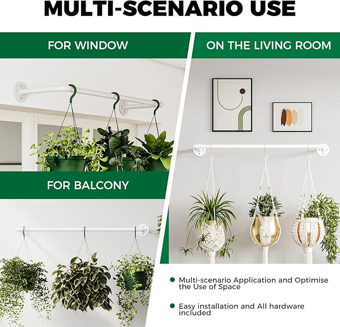 Bamworld Hanging Planters 2PCS for Indoor Plants Hanging Plant Holder Plant Hanger Indoor Ceiling Window Plant Shelves Wall Mount Black Metal Rod(Pot&Plant Not Included) White