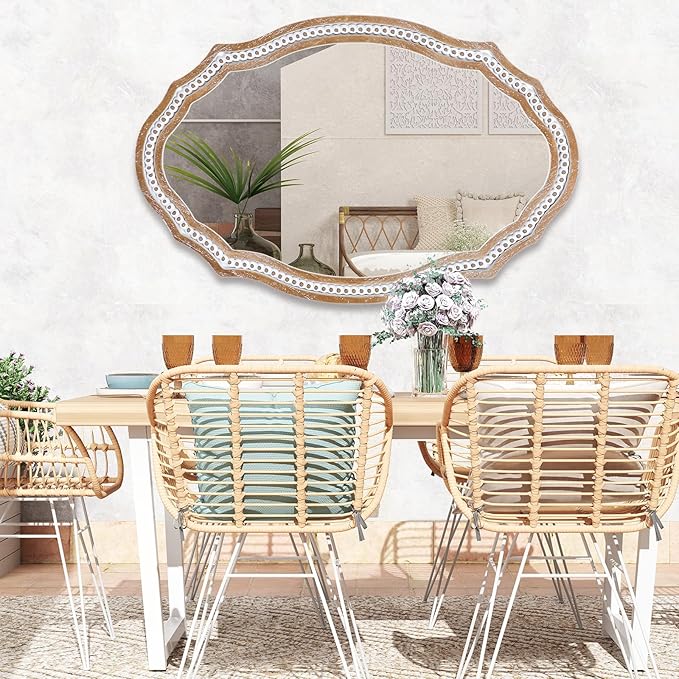 24 x 35 Inches Wooden Farmhouse Oval Mirror for Wall Decor, Living Room, Bedroom, Bathroom Rustic Decorative Mirror for Entryway - Vertical or Horizontal Hanging