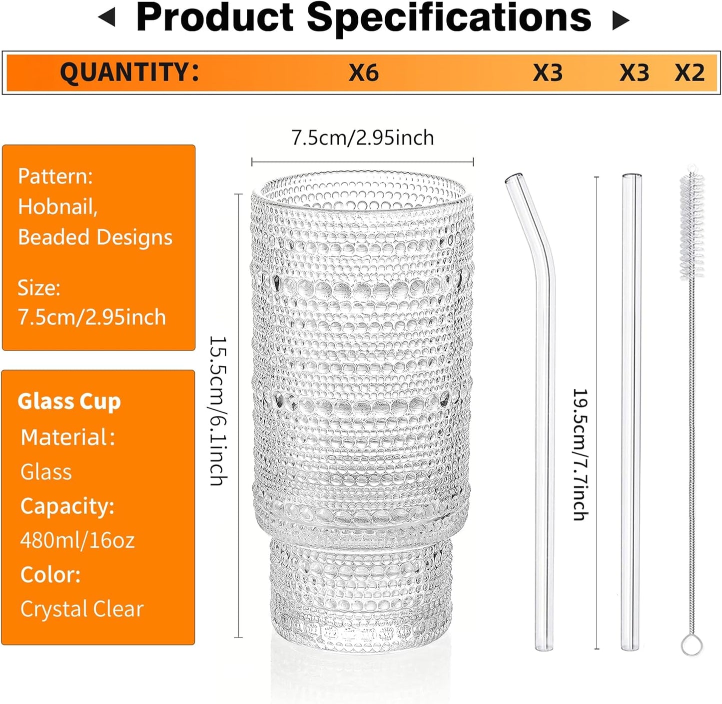 KEMORELA Glass Cups Vintage Glassware Set of 6 Large, Hobnail Drinking Glasses, 16oz Glass Cups With Straws, Romantic Hobnail Highball Glasses, Bar Beverages Ice Coffee Cup Glassware