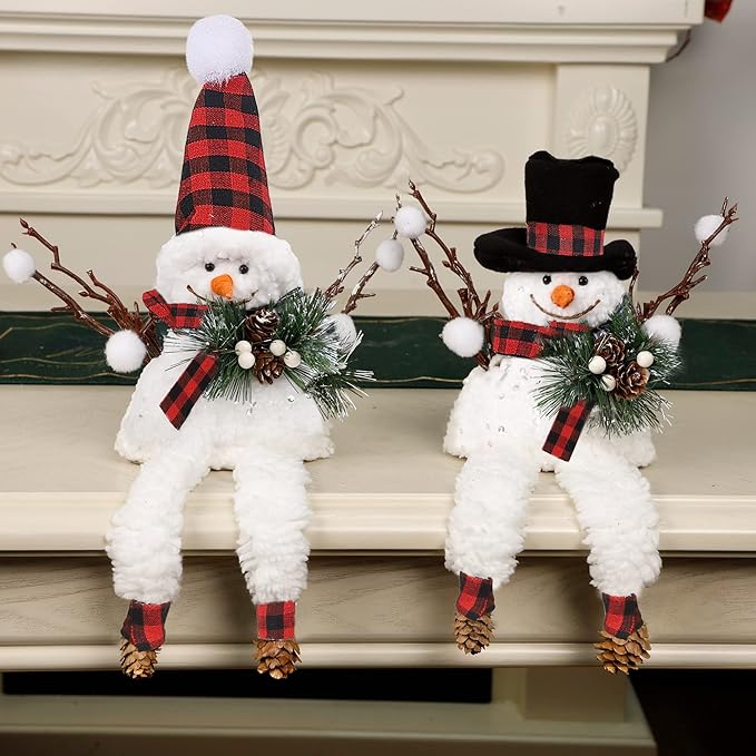 Lulu Home Set of 2 Christmas Snowman Ornaments for Table Mantel Desk Fireplace Home Holiday Decor (Red and Black)