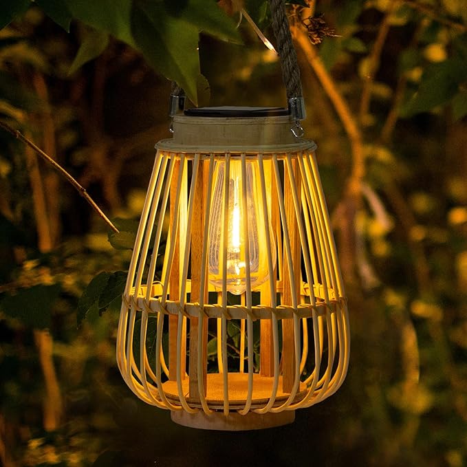 Solar Lanterns Outdoor Hanging Lights Waterproof Rattan Bamboo Solar Powered Light with Twine Handle Decorative Garden Table Lamp for Patio Yard Tabletop Tree Pathway Home Decoration