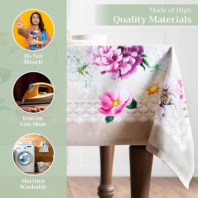 Maison d' Hermine Table Cloth Rectangle Table 100% Cotton 60 x 108 Inches Tablecloth Reusable Decorative Everyday Use for Dining Room, Farmhouse, Home, Party, Festive & Wedding Spring Summer - Pivoine