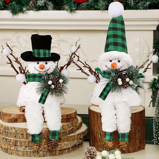 Lulu Home Christmas Snowman Decorations, Set of 2 Plush Shelf Sitters with Dangling Legs, Black & Green Checked Snowman Ornaments for Table Mantel Desk Fireplace Home Holiday Decor