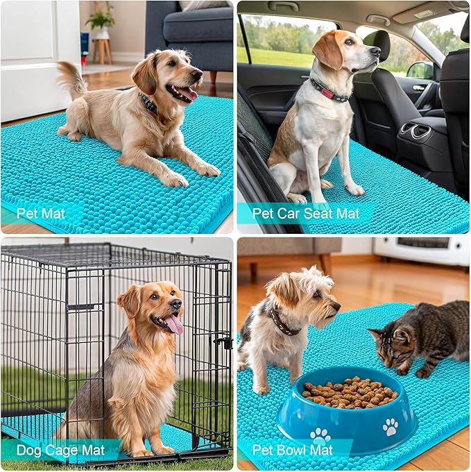 OLANLY Dog Door Mat for Muddy Paws 44x24, Absorbs Moisture and Dirt, Absorbent Non-Slip Washable Doormat, Quick Dry Chenille Mud Mat for Dogs, Entry Indoor Entryway Carpet for Inside Floor, Aqua Blue