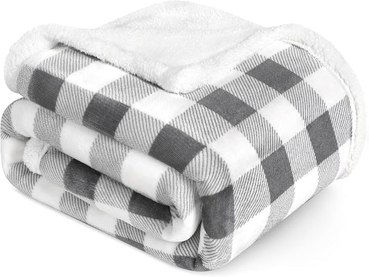 PAVILIA Light Grey Buffalo Plaid Sherpa Throw Blanket for Couch Twin, Soft Fuzzy Flannel Blanket for Bed, Plush Checkered Fleece Blanket and Throws, Warm Thick Winter Blanket Gift, 60x80
