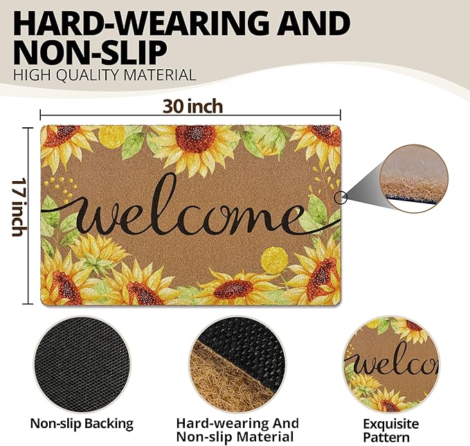 Sunflower Welcome Door Mat, Summer Sunflower Doormat, Sunshine Welcome Front Door Mat Outside Indoor Entrance, Botanical Artificial Coir Doormats Rugs for Patio Entry Home Decor, 30x17in