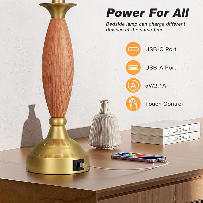 Seealle Lamps for Bedrooms Set of 2 - Touch Bedside Lamp with USB C+A, 3 Way Dimmable Nightstand Lamps with USB Port, Wood Table Lamp for Living Room Guest Room Bed Side End Table(Bulbs Included)
