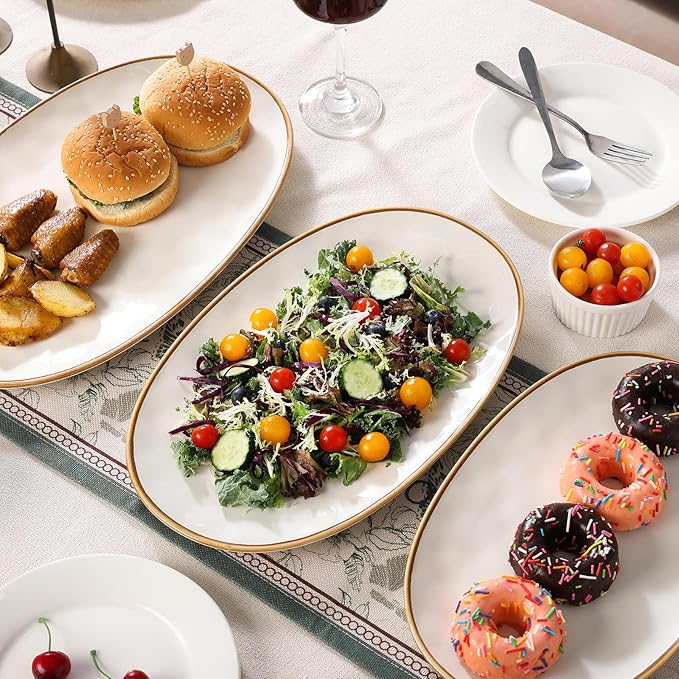 Ceramic Oval Serving Platter with Brown Rim: 15.6/14.3/12.9 Inch Large Serving Dishes for Entertaining Party, Turkey, Steak, Ham, Microwave Dishwasher Safe